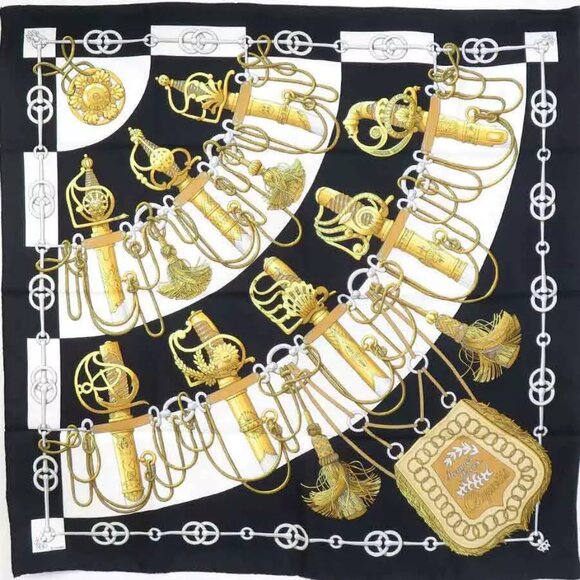 Auth HERMES Carre 90 Cliquetis Scarf Black/Gold/White Silk - e60123a